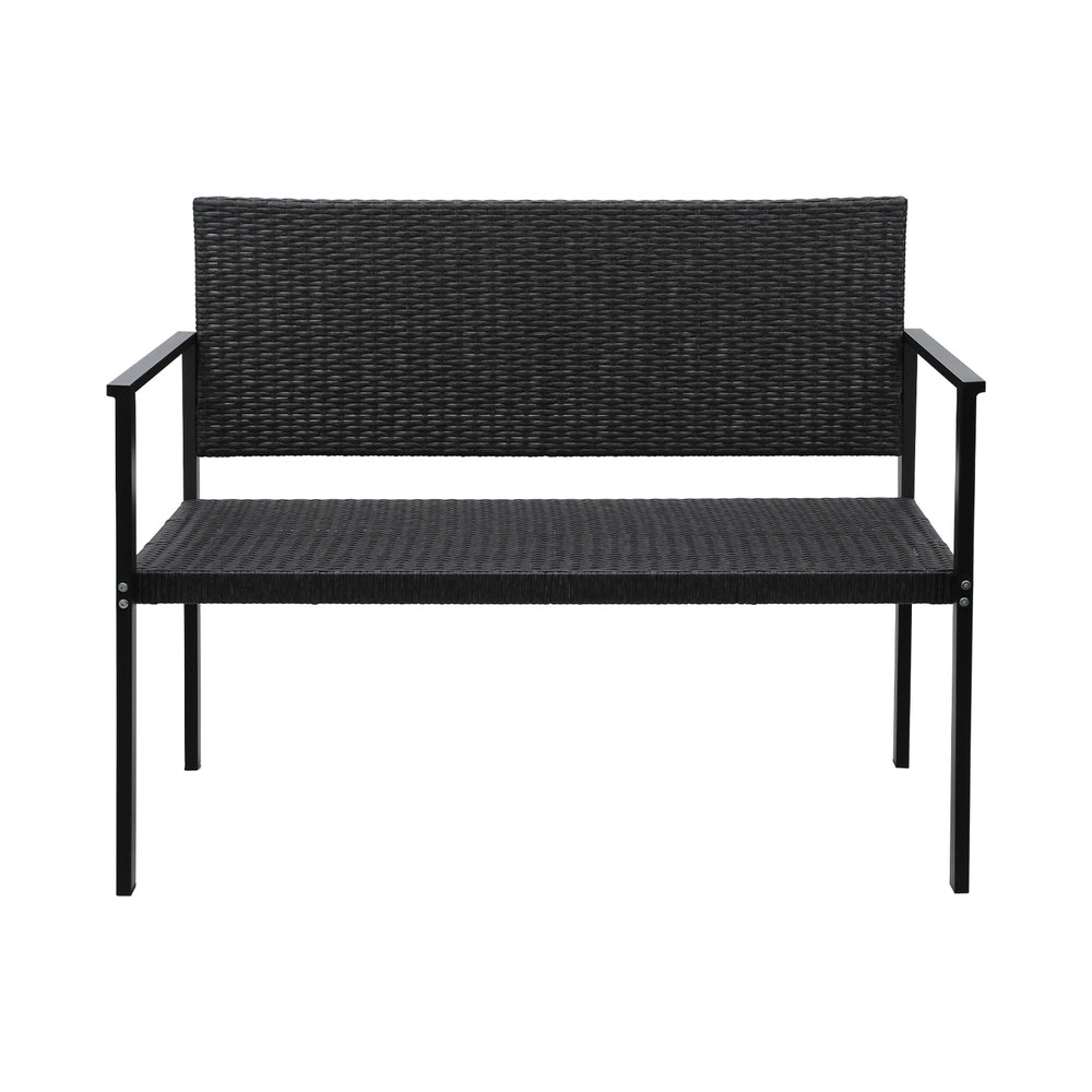 Two-seater Gardeon outdoor garden bench with a grey rattan seat and black powder-coated steel frame set on a white background.