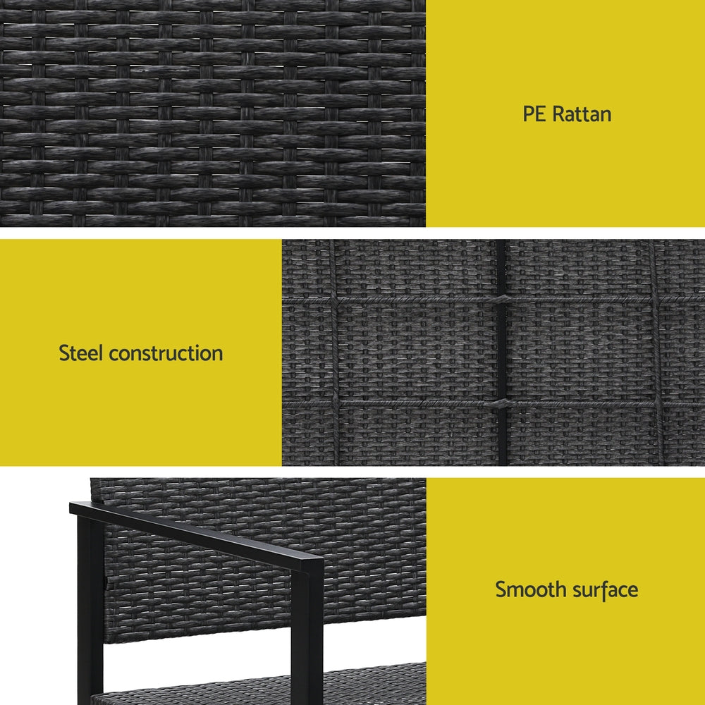 3-way split images showcasing close up images of the rattan, steel construction and smooth surface of an outdoor garden bench, all set on white backgrounds.