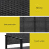 3-way split images showcasing close up images of the rattan, steel construction and smooth surface of an outdoor garden bench, all set on white backgrounds.