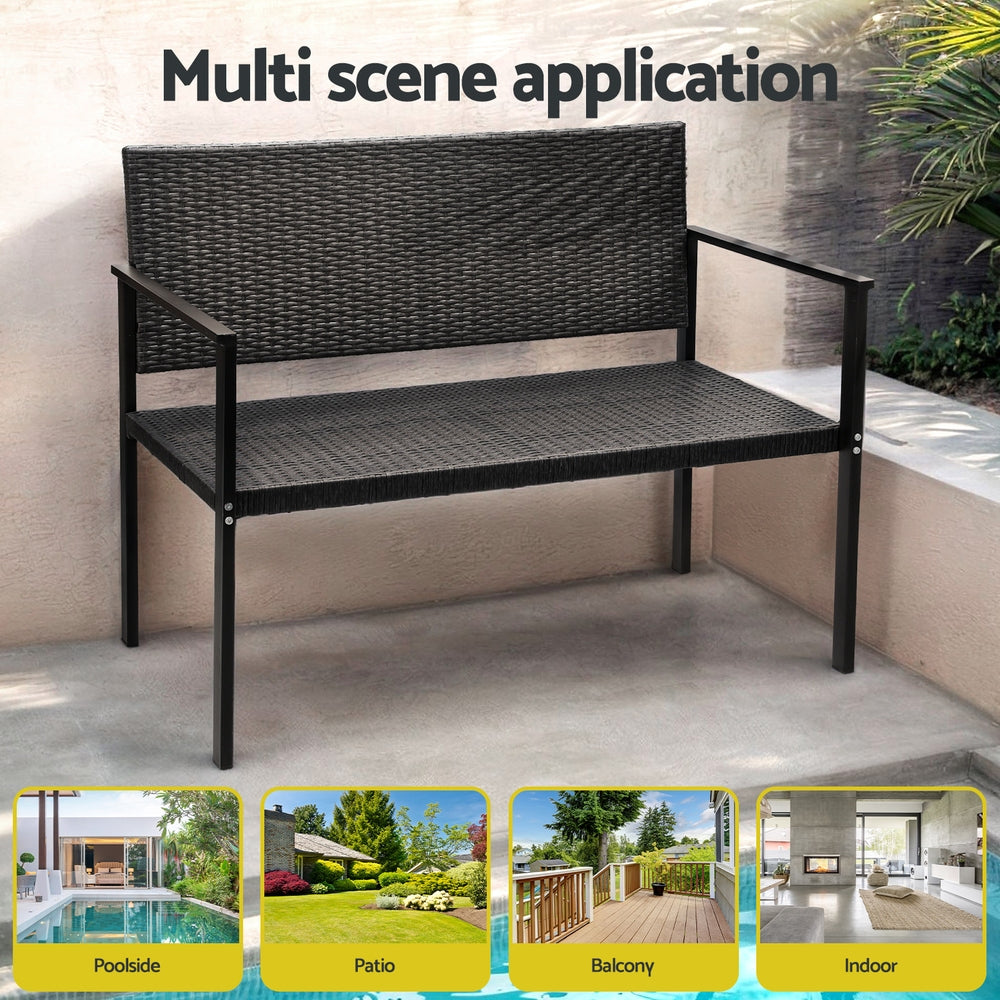 A 2-seater Gardeon outdoor garden bench with a grey rattan seat and black powder-coated steel frame on a patio setting. There are 4 inset images showcasing different scenes the bench could be used - at a poolside, patio, balcony and indoors.