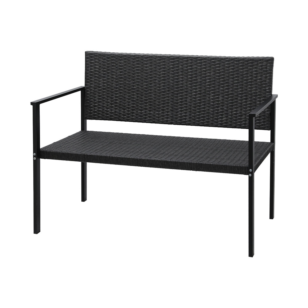 A 2-seater Gardeon outdoor garden bench with a grey rattan seat and black powder-coated steel frame on a white background.
