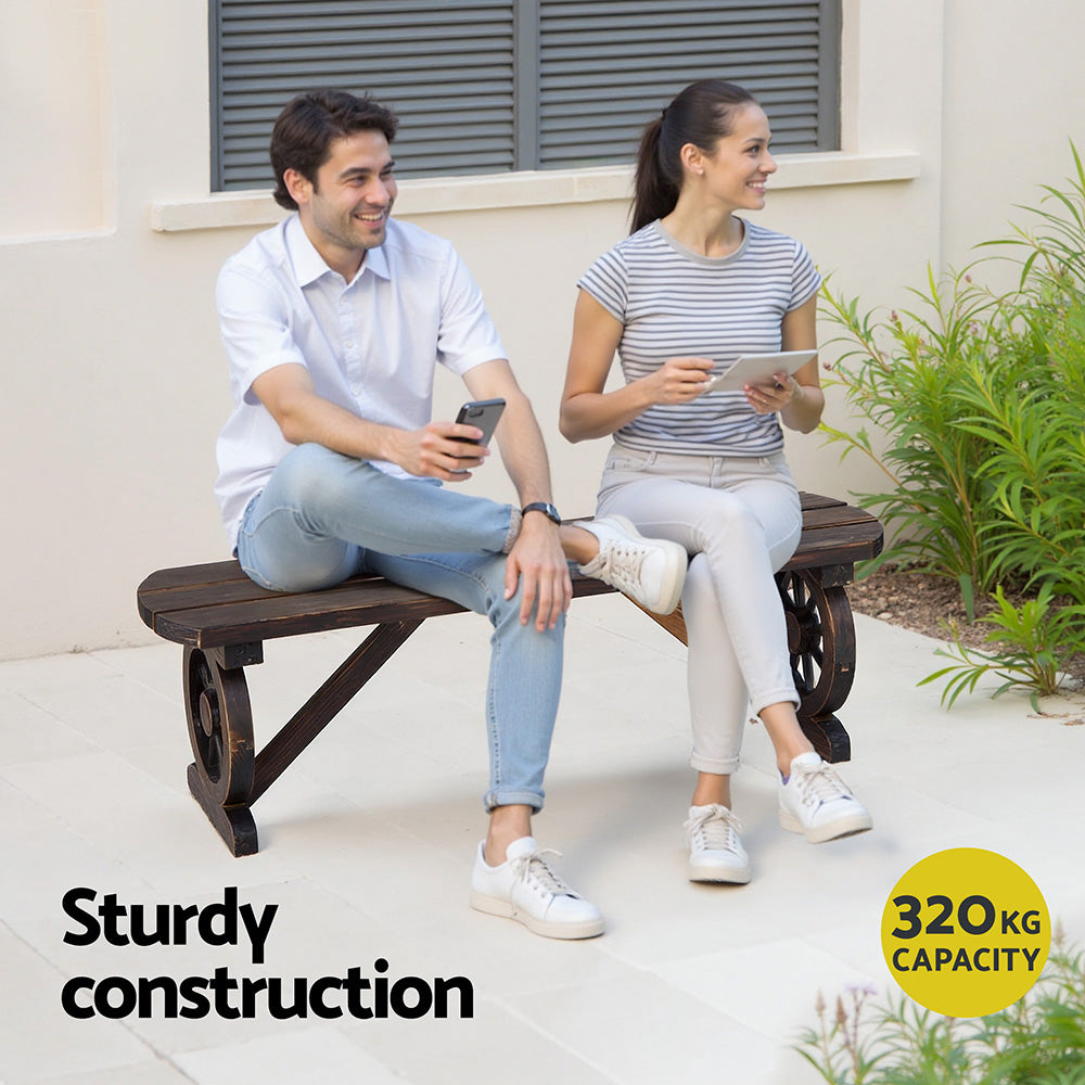 Two people sitting on a wooden bench with text about sturdy construction and capacity.