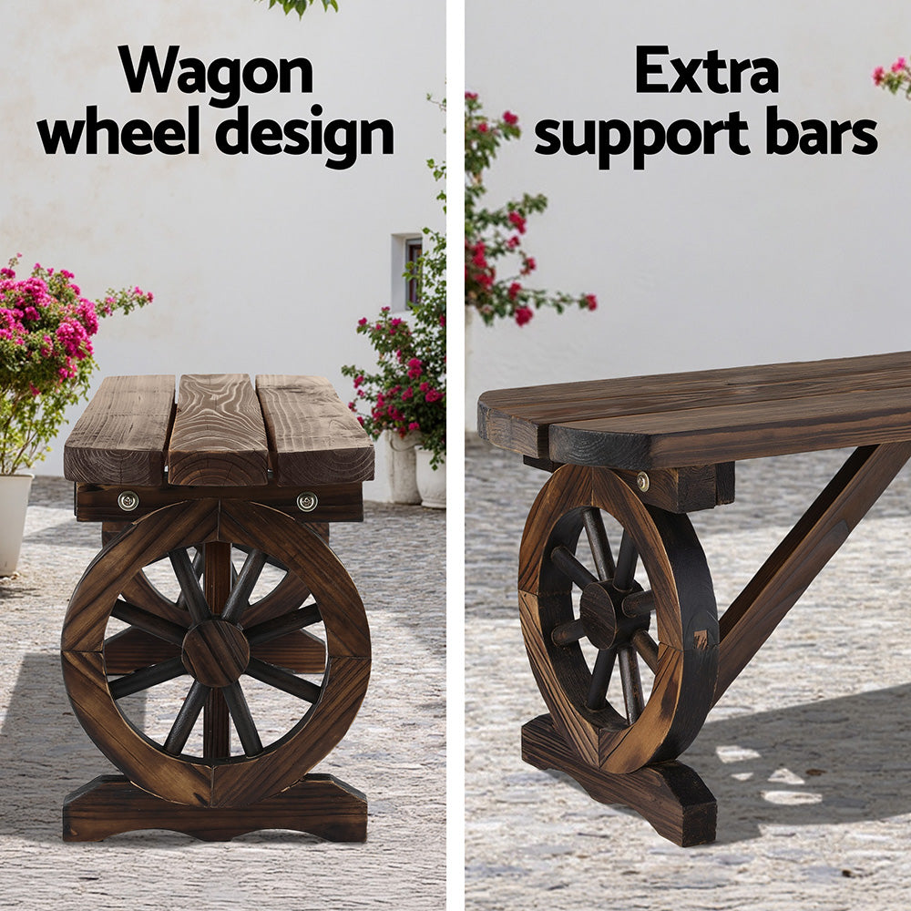 Wooden bench with wagon wheel design and extra support bars on a patio.
