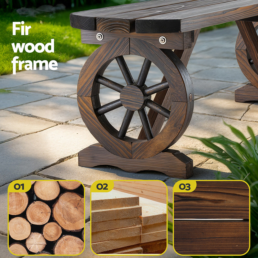 Wooden bench with wheel design on a stone patio, featuring close-up images of fir wood.