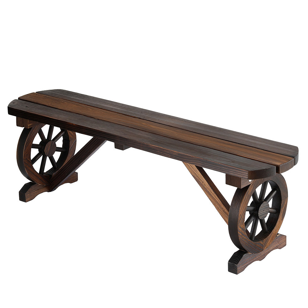 Wooden bench with wagon wheel legs on a white background