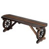 Wooden bench with wagon wheel legs on a white background