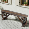 Wooden bench with wheel legs on a stone patio