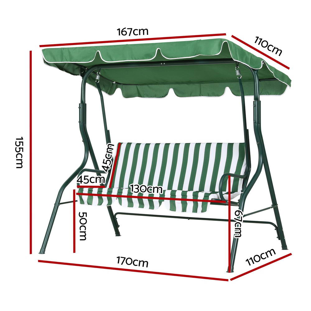 A white and green Gardeon outdoor swing chair with a canopy and striped cushions, designed for three people, showing its measurements and set on a white background.