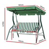 A white and green Gardeon outdoor swing chair with a canopy and striped cushions, designed for three people, showing its measurements and set on a white background.