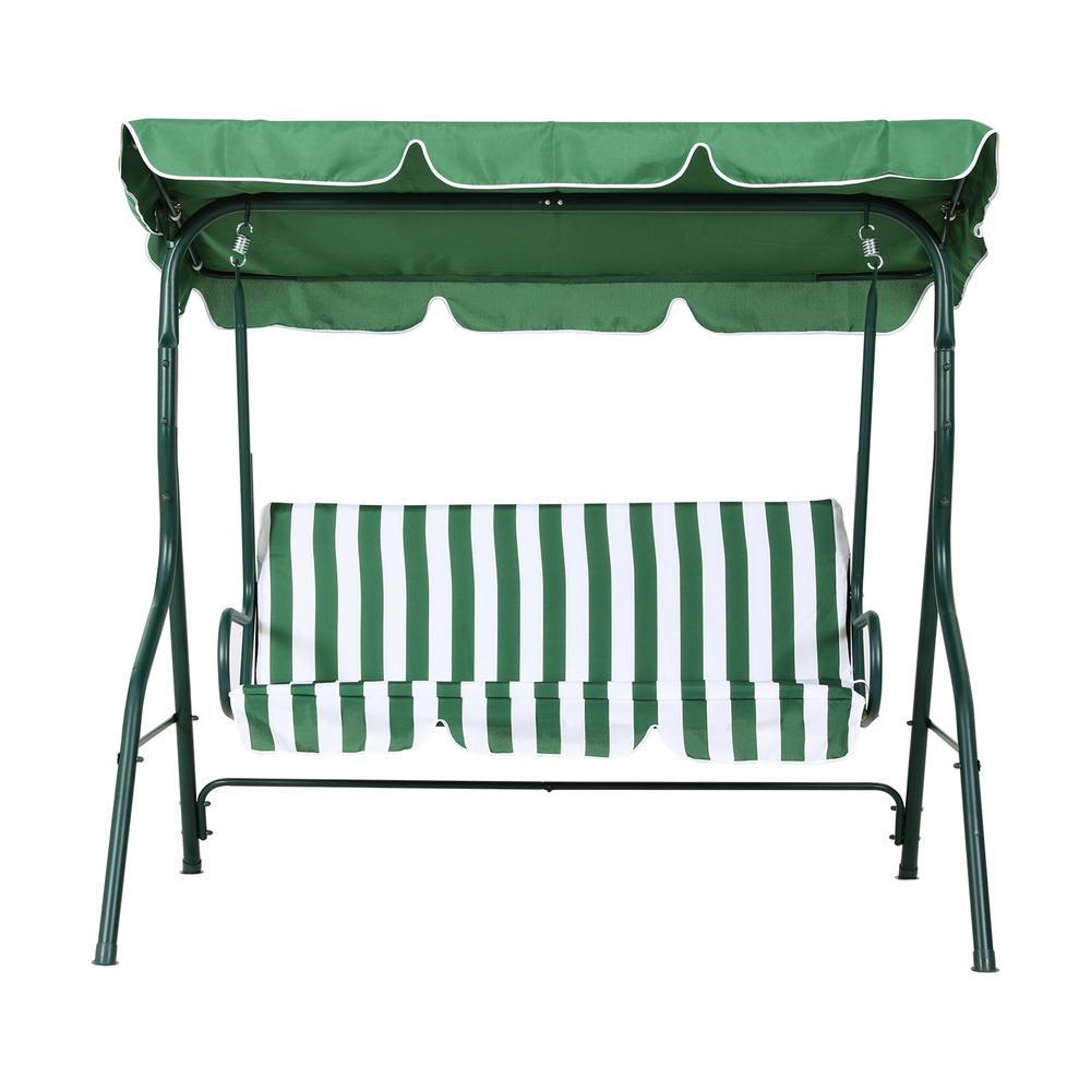 A forward facing white and green Gardeon outdoor swing chair with a canopy and striped cushions, designed for three people to sit and set on a white background.