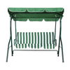 A forward facing white and green Gardeon outdoor swing chair with a canopy and striped cushions, designed for three people to sit and set on a white background.