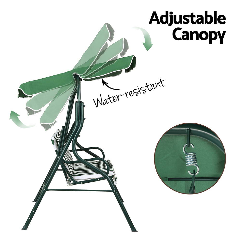 Side view image of a white and green Gardeon outdoor swing chair with a canopy and striped cushions, with an inset showcasing its spring and adjustable canopy in a white background. 