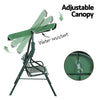 Side view image of a white and green Gardeon outdoor swing chair with a canopy and striped cushions, with an inset showcasing its spring and adjustable canopy in a white background. 