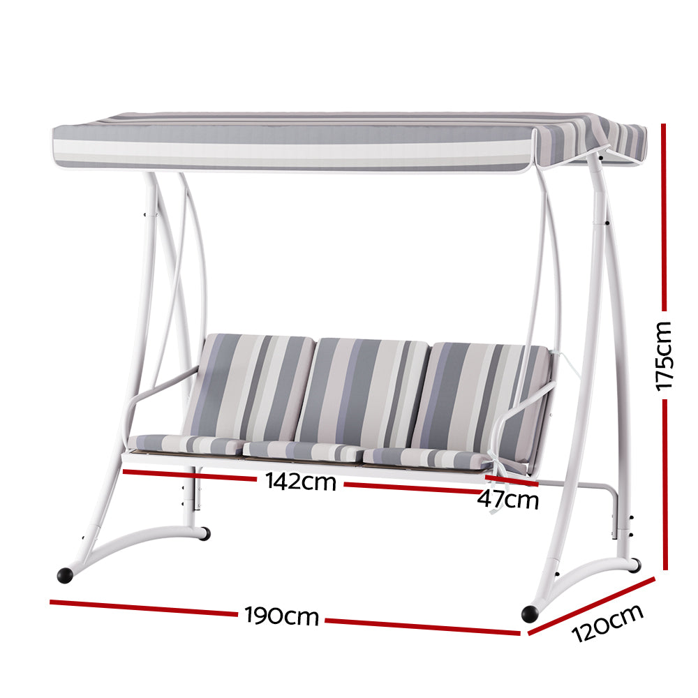 An outdoor swing chair with a white and grey striped canopy and a sturdy frame, designed to seat three people, showing its measurements and set on a white background.