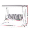 An outdoor swing chair with a white and grey striped canopy and a sturdy frame, designed to seat three people, showing its measurements and set on a white background.