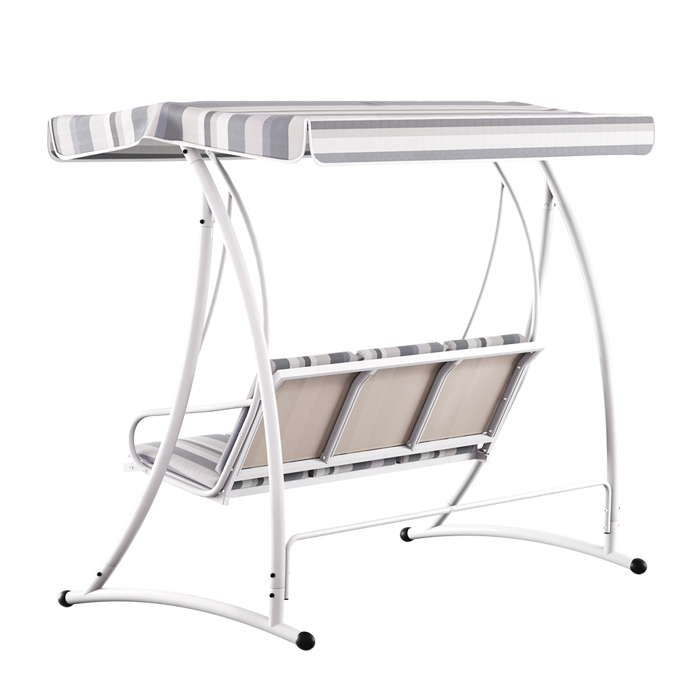 The back view of an outdoor swing chair with a white and grey striped canopy and a sturdy frame, designed to seat three people and set on a white background.