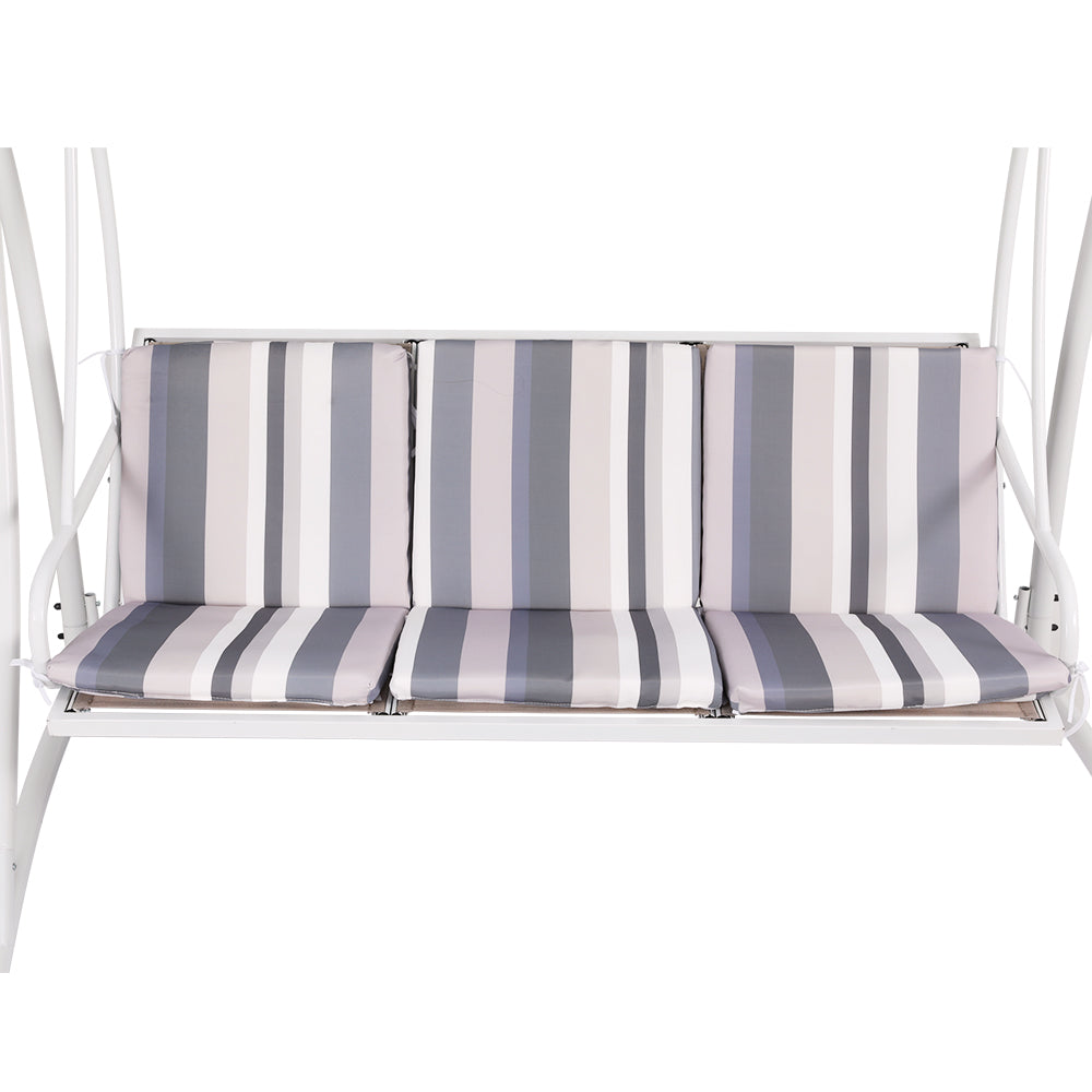 Close-up image of an outdoor swing chair with a white and grey striped seating cushions and a white frame, designed to seat three people and set on a white background.