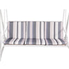 Close-up image of an outdoor swing chair with a white and grey striped seating cushions and a white frame, designed to seat three people and set on a white background.