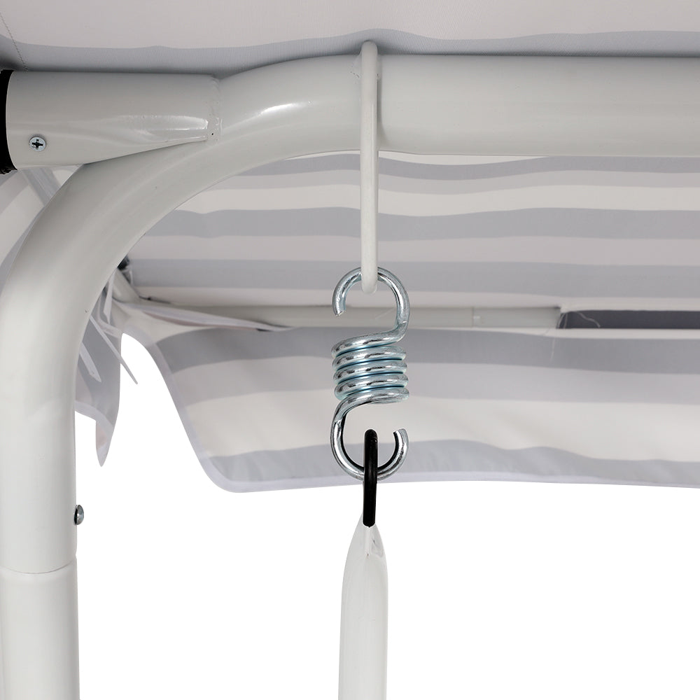 Close-up image showing the spring on the underneath of an outdoor swing chair and set on a white background.