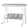 An outdoor swing chair with a white and grey striped canopy and a sturdy frame, designed to seat three people and set on a white background.