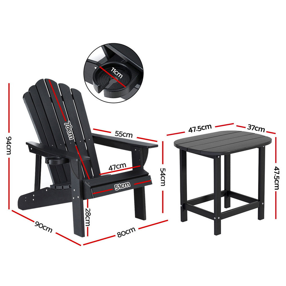 Black Adirondack chair and table with dimensions on a white background