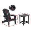 Black Adirondack chair and table with dimensions on a white background
