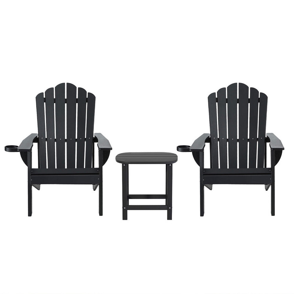 Two black Adirondack chairs with a matching table on a white background