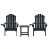 Two black Adirondack chairs with a matching table on a white background