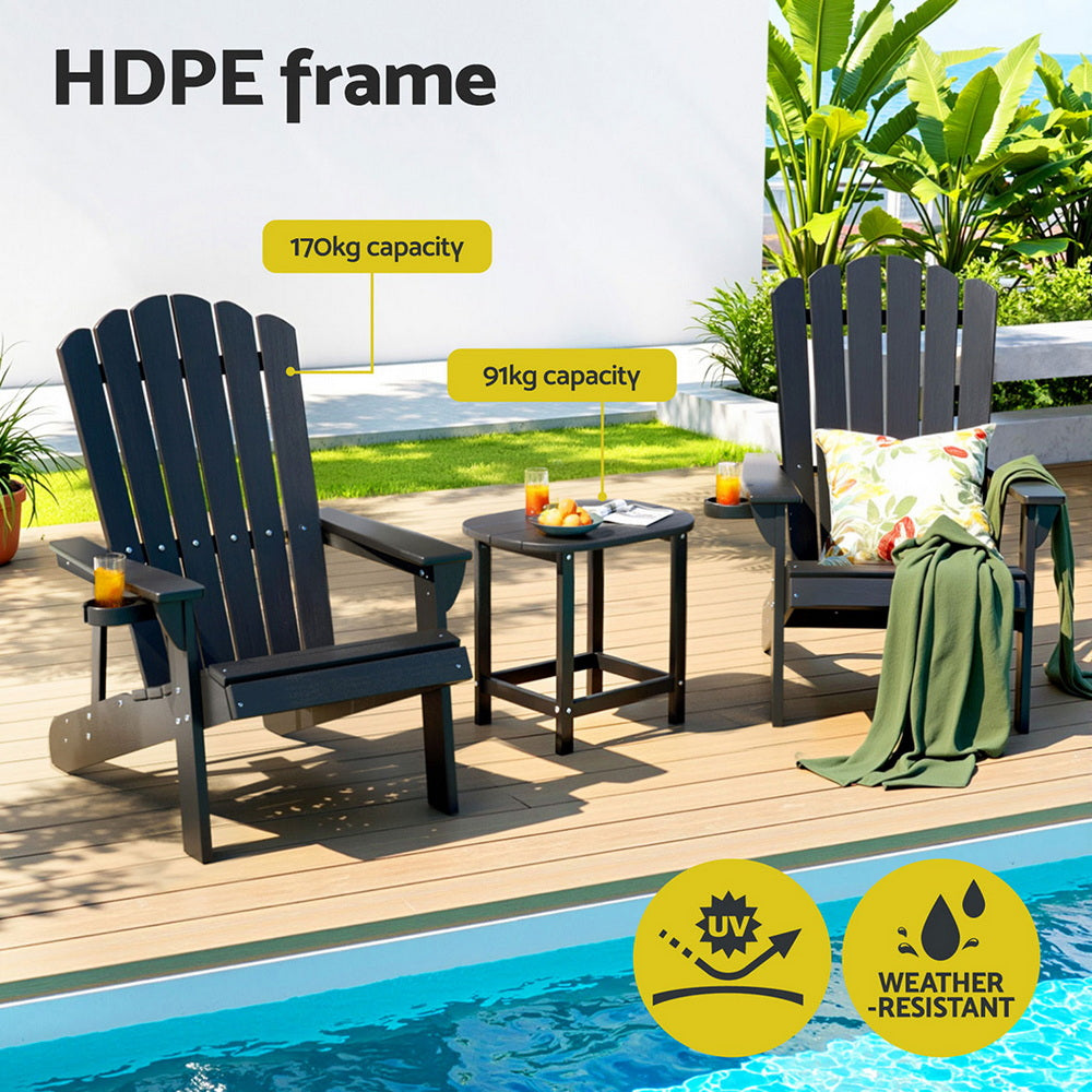 Outdoor furniture set with chairs and a table by a pool, featuring HDPE frame text.