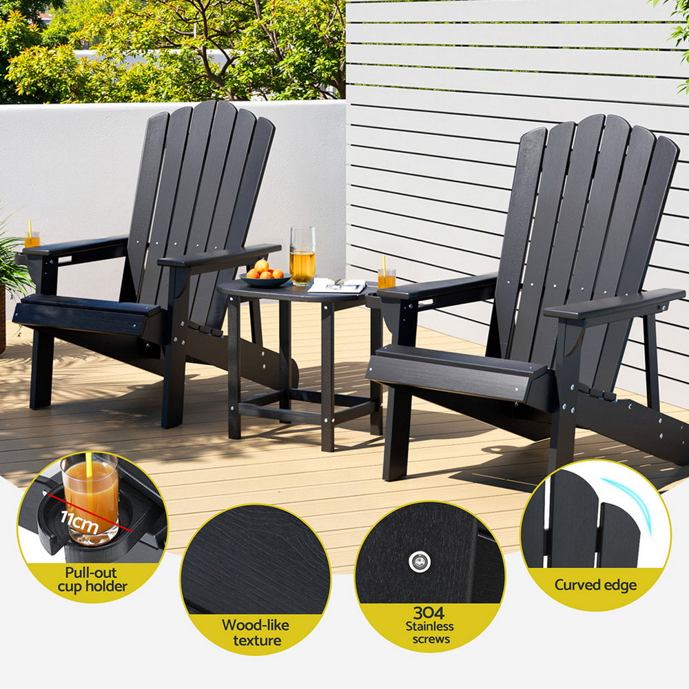 Two black Adirondack chairs with a small table on a wooden deck, featuring pull-out cup holder, wood-like texture, stainless screws, and curved edge details.