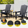 Two black Adirondack chairs with a small table on a wooden deck, featuring pull-out cup holder, wood-like texture, stainless screws, and curved edge details.