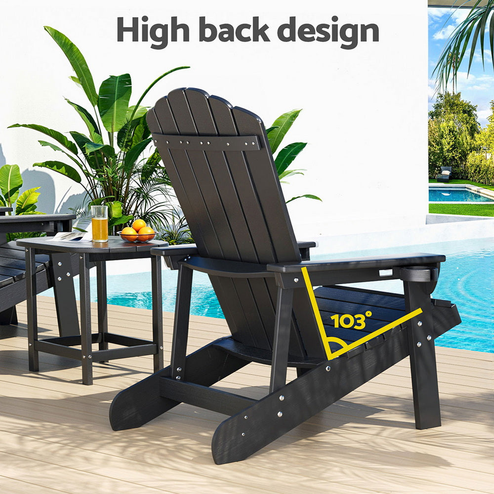 Black high-back chair on a patio with pool and garden view
