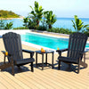 Two dark wooden chairs and a small table by a pool with a scenic background