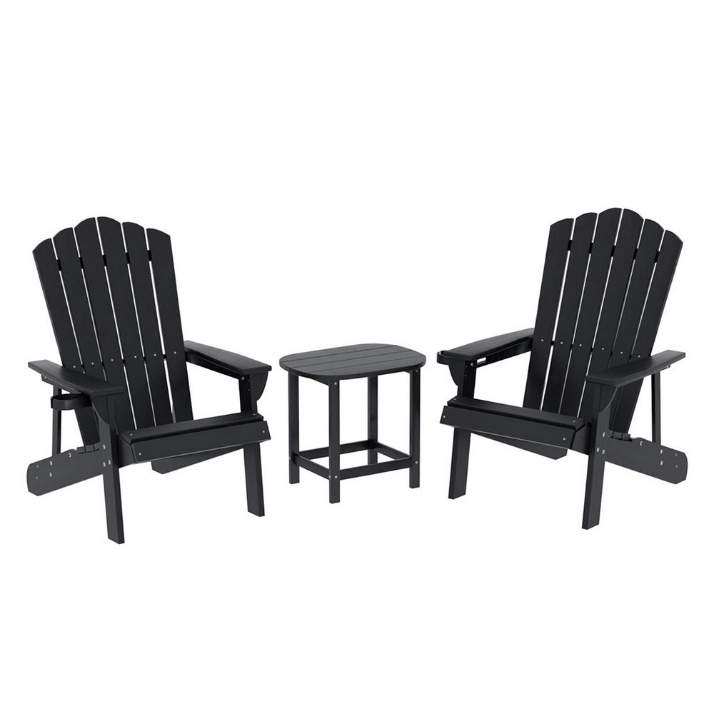 Two black Adirondack chairs with a matching side table on a white background