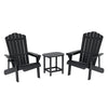 Two black Adirondack chairs with a matching side table on a white background