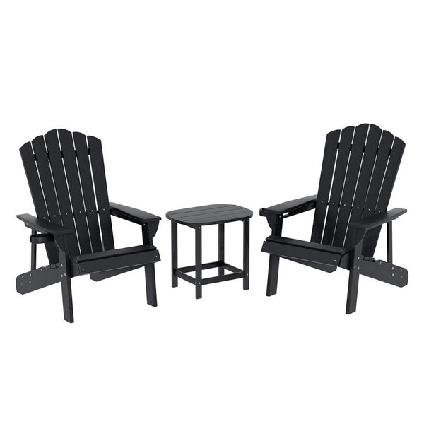 Two black Adirondack chairs with a matching side table on a white background