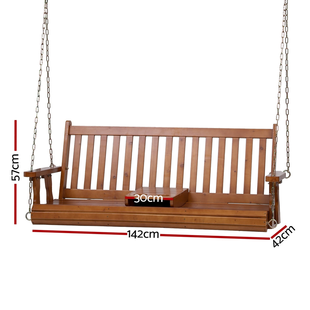 Wooden swing bench with dimensions on a white background