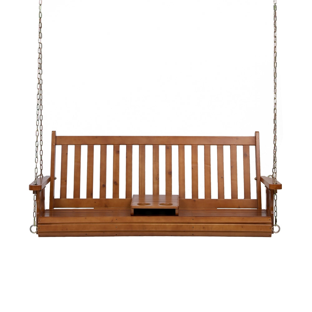Wooden porch swing with chains on a white background