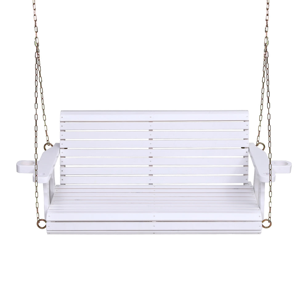 White wooden swing with chains on a white background
