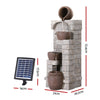 A brown, four-tier cascading water fountain feature with bowls set against a textured wall. With underwater LED lighting and solar panel, made from polyresin, showing dimensions of the product all on a white background.
