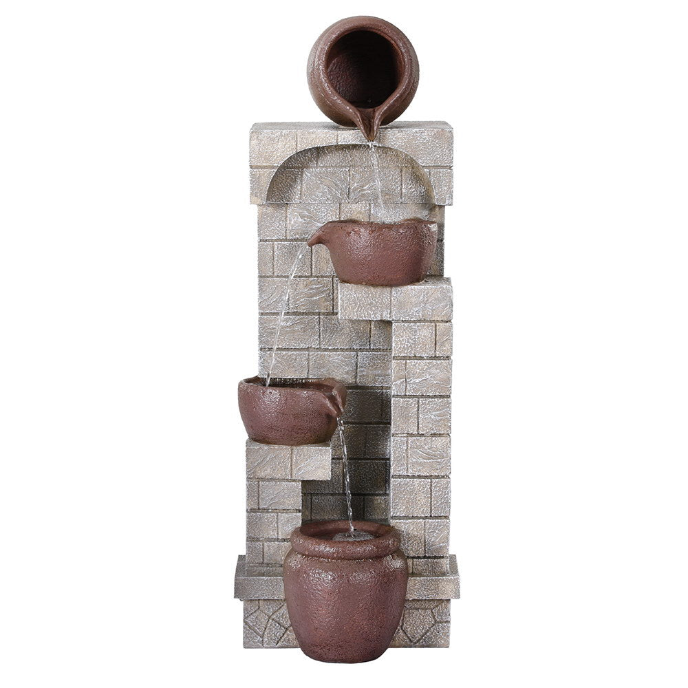 A brown, four-tier cascading water fountain feature with bowls set against a textured wall. Made from polyresin, showing water flowing from the top bowl to the bottom one, set on a white background.