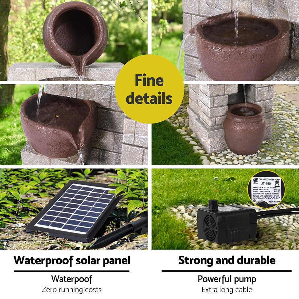 A four-tier cascading water fountain with 4 close-up images featuring each bowl. It is made of polyresin, the bowls are brown, and the wall is a brownish beige colour, showing the water flowing from the top bowl to the bottom one. There are 2 more images of the pump and solar panel all in a garden setting. 
