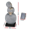 A three-tier bowls cascading water fountain feature with LED lights, and solar panel, made of polyresin, in a grey colour with black base, showing its dimensions and set against a white background.