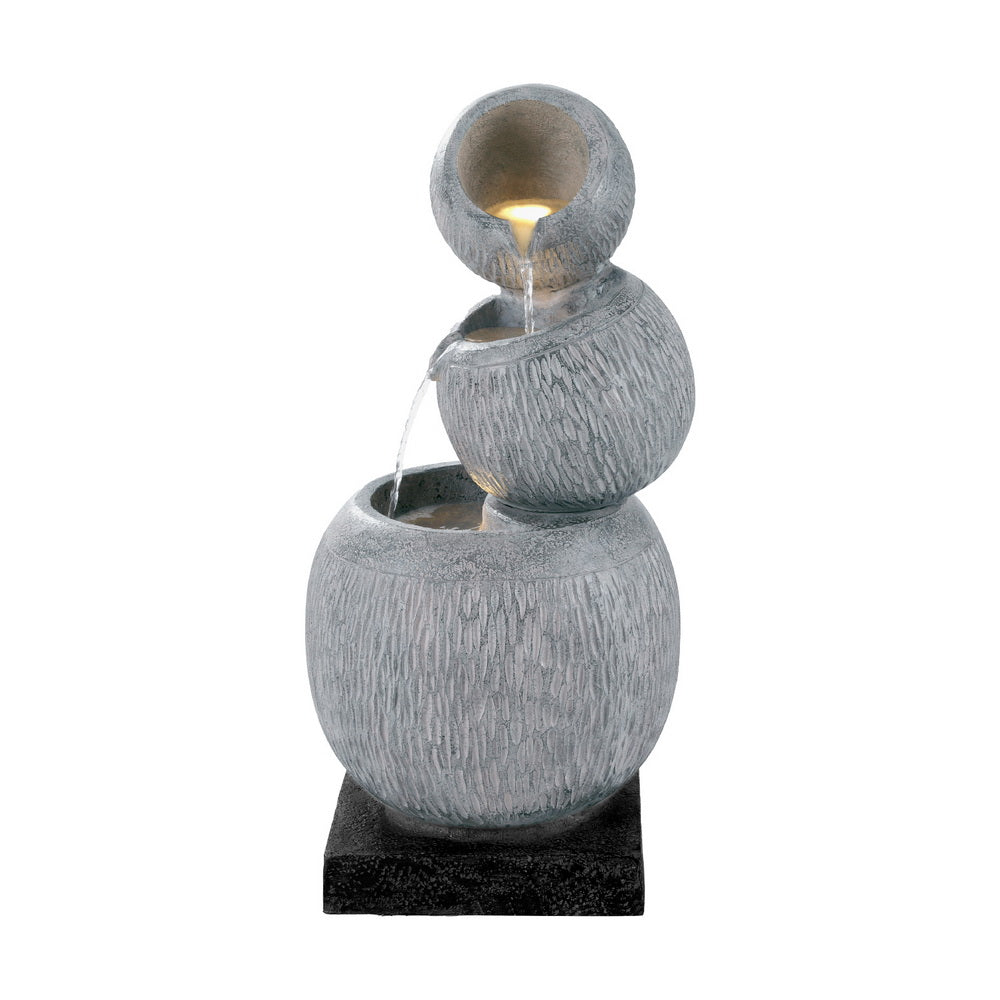 A three-tier bowls cascading water fountain feature with LED lights, made of polyresin, in a grey colour with black base, set against a white background.