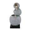A three-tier bowls cascading water fountain feature with LED lights, made of polyresin, in a grey colour with black base, set against a white background.