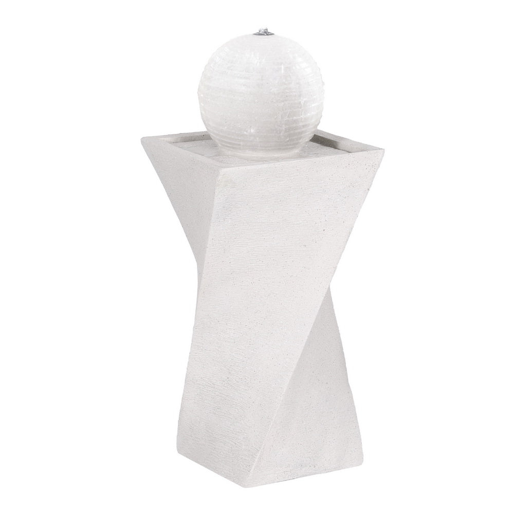 A cream-colored, twist design solar-powered fountain with a ball on top and LED lights, intended for outdoor garden use.