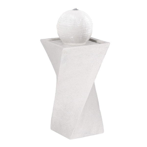 A cream-colored, twist design solar-powered fountain with a ball on top and LED lights, intended for outdoor garden use.