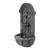 A grey Gardeon solar fountain with a classic cascading design, front/side on view, wall mounted on a white background.