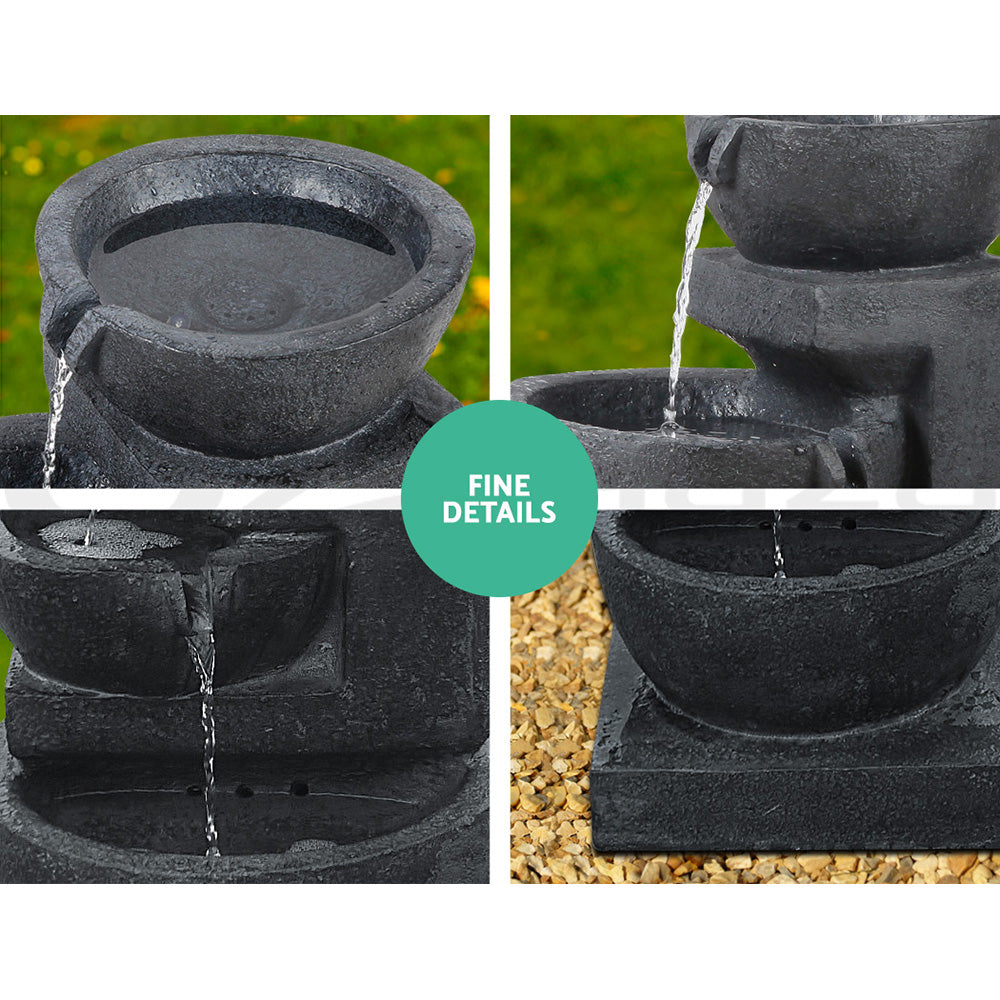 The three-tier blue colour cascading water feature with bowls, featuring a quarterly split photo showing different close-up views of the cascading water pouring from the bowls to the one below.
