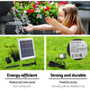 A blue colour water feature with bowls, featuring three split photos showing different views. One is a close-up view of the cascading water pouring and splashing from the top bowls to the one below with a happy little girl putting her hands in the splashing water drops, with hanging flowers in the backdrop. The next 2 images are set on green grass - one showing the solar panel and all its components and the other of the pump showing all its specifications.